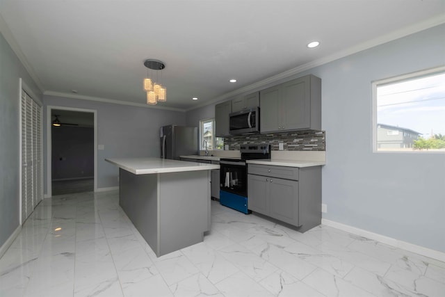 kitchen with appliances with stainless steel finishes, backsplash, a kitchen island, gray cabinetry, and pendant lighting