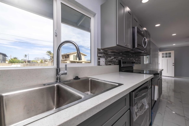585 Linekona Pl, Wailuku, HI 96793 - kitchen featuring a sink, stainless steel appliances, light marble finish floors, recessed lighting, and decorative backsplash
