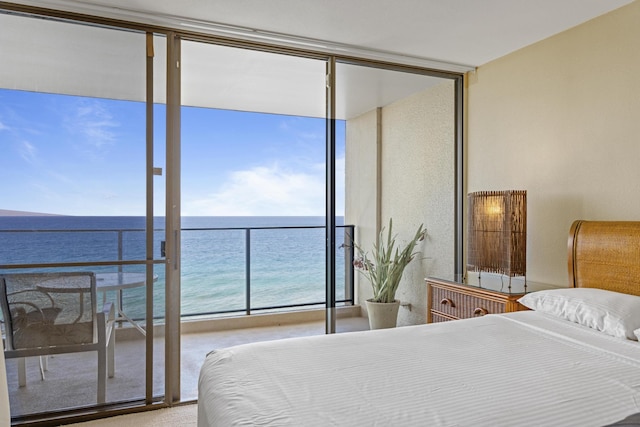 bedroom with a water view, a wall of windows, and multiple windows