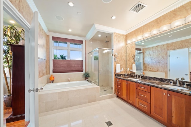 161 Wailea Ike Pl Unit D201, Kihei, HI 96753 - bathroom with a stall shower, double vanity, a garden tub, crown molding, and tile patterned floors