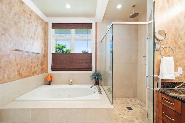 161 Wailea Ike Pl Unit D201, Kihei, HI 96753 - bathroom with a shower stall, a whirlpool tub, vanity, and recessed lighting