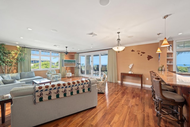 161 Wailea Ike Pl Unit D201, Kihei, HI 96753 - living room with ornamental molding, wood finished floors, ceiling fan, recessed lighting, and baseboards