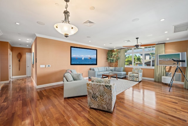161 Wailea Ike Pl Unit D201, Kihei, HI 96753 - living area with ornamental molding, wood finished floors, ceiling fan, baseboards, and recessed lighting