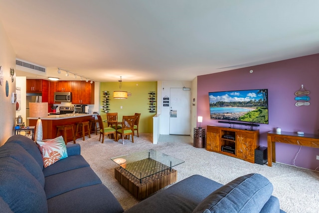 carpeted living room with rail lighting