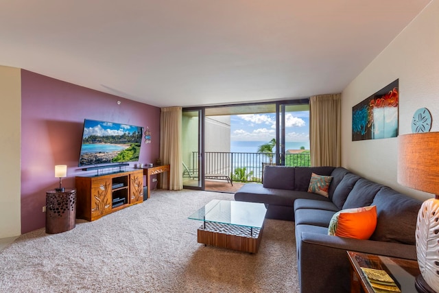 carpeted living room with floor to ceiling windows