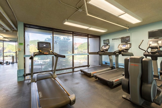 workout area featuring a textured ceiling and a wall of windows