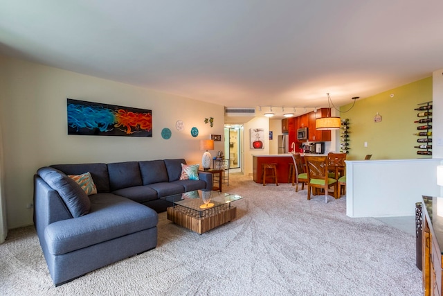 carpeted living room with rail lighting