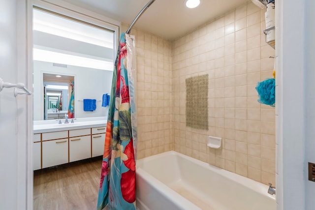 50 Puu Anoano St Unit 503, Lahaina, HI 96761 - full bathroom with shower / tub combo with curtain, vanity, wood finished floors, and recessed lighting