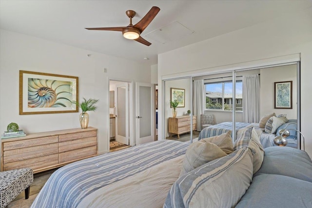 bedroom featuring a closet and ceiling fan