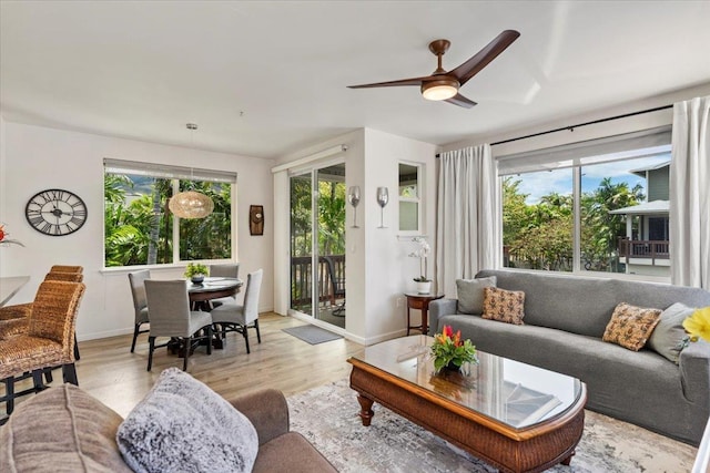 living room with light hardwood / wood-style floors and ceiling fan