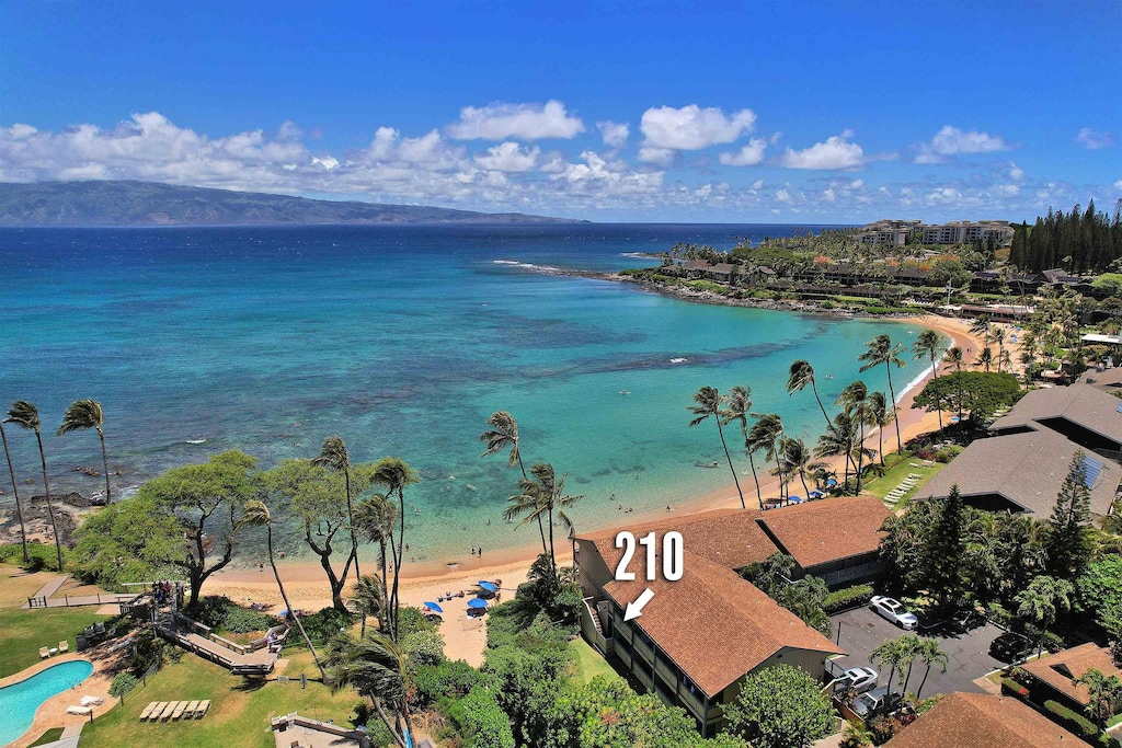 bird's eye view with a view of the beach and a water view