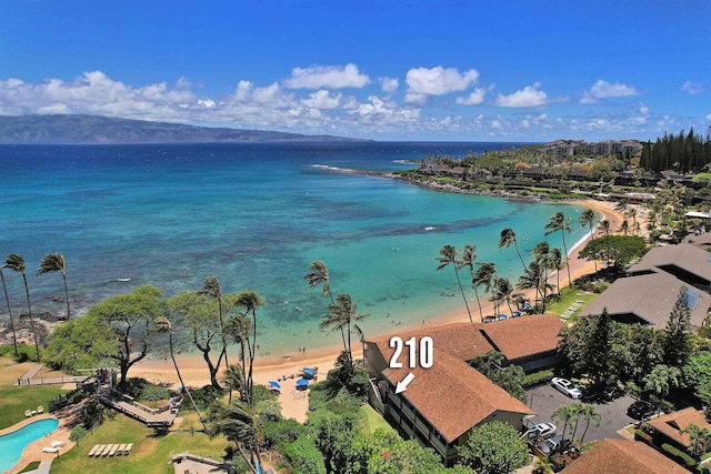 bird's eye view with a view of the beach and a water view