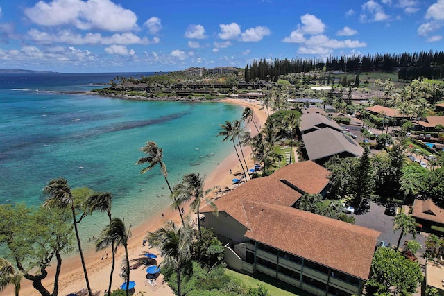 bird's eye view featuring a view of the beach and a water view