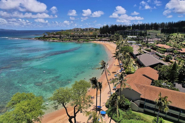 drone / aerial view featuring a view of the beach and a water view