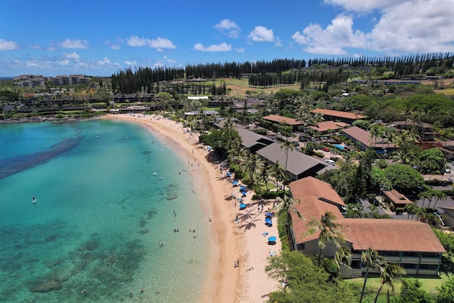 birds eye view of property with a beach view and a water view