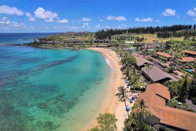 bird's eye view with a water view and a view of the beach