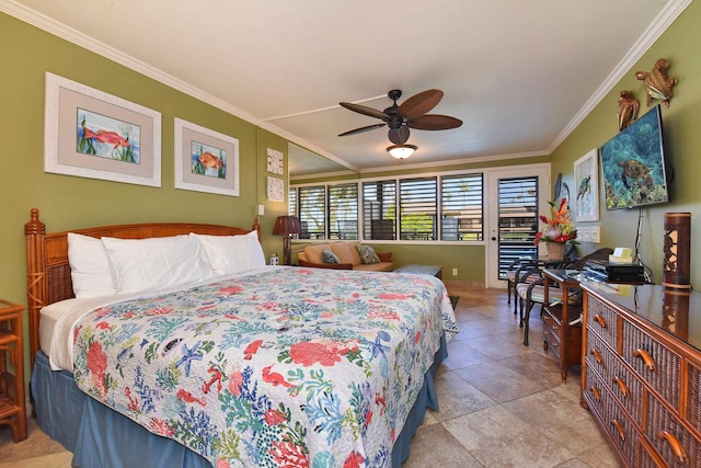 bedroom with ceiling fan, crown molding, and light tile patterned flooring