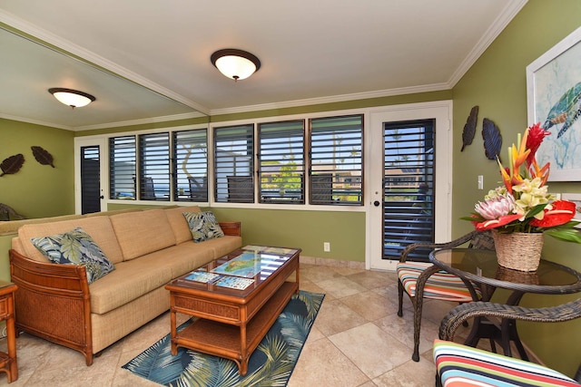 tiled living room featuring crown molding