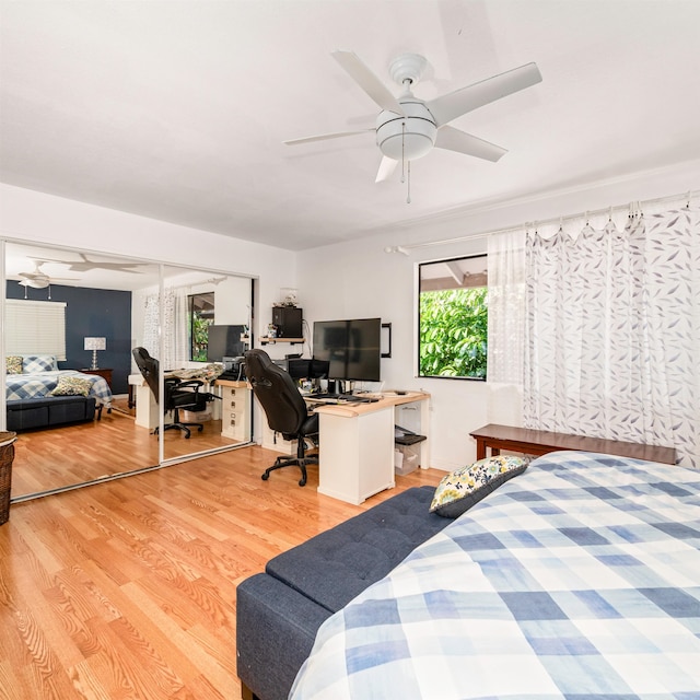 bedroom with a closet, ceiling fan, and hardwood / wood-style flooring