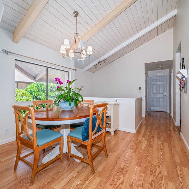 dining room featuring vaulted ceiling with beams, light wood-type flooring, a chandelier, and wooden ceiling