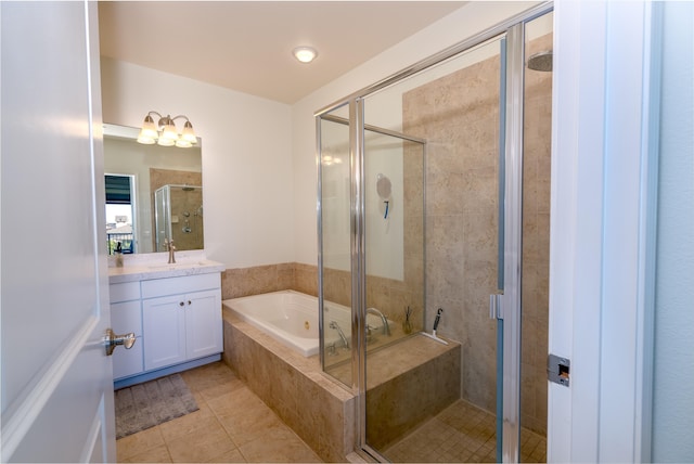 bathroom with vanity, separate shower and tub, and tile patterned flooring