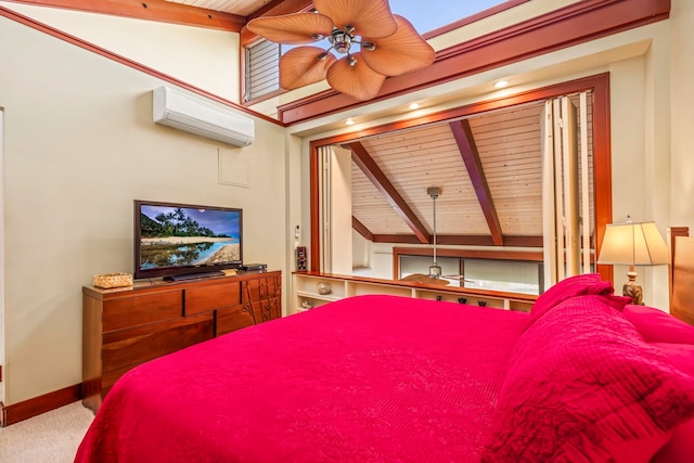 bedroom featuring ceiling fan, wood ceiling, carpet flooring, lofted ceiling with beams, and a wall unit AC