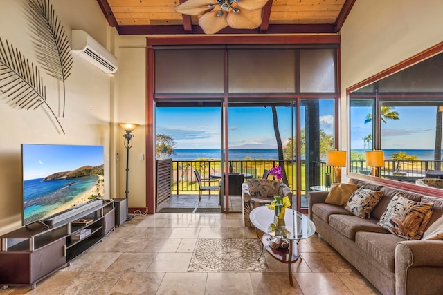 living room featuring a water view, ceiling fan, a wall mounted air conditioner, and wood ceiling