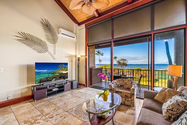 living room with high vaulted ceiling, ceiling fan, and a wall mounted air conditioner