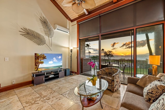 living room featuring a wall unit AC, ceiling fan, and vaulted ceiling