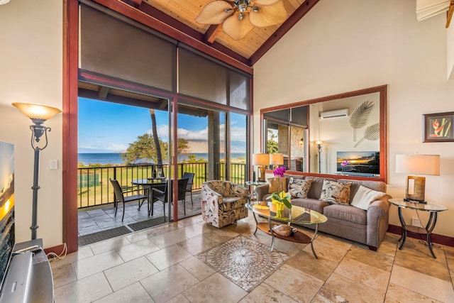 living room featuring a water view, a high ceiling, ceiling fan, wooden ceiling, and a wall mounted AC