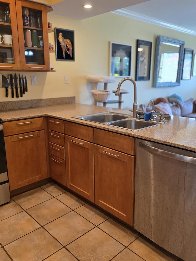 44 Kanani Rd Unit 1-104, Kihei, HI 96753 - kitchen featuring stainless steel dishwasher, light tile patterned floors, crown molding, light countertops, and glass insert cabinets