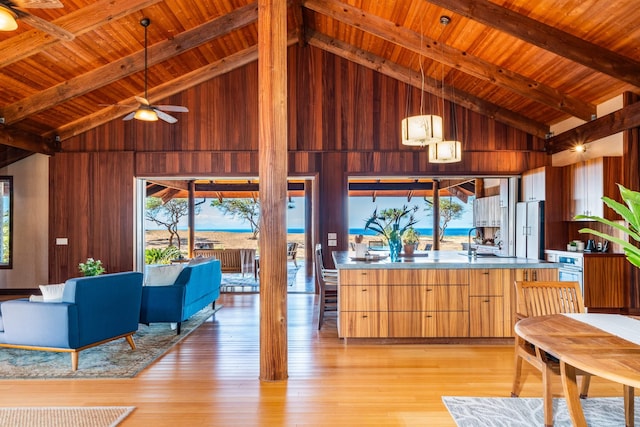 kitchen featuring wood ceiling, ceiling fan, beam ceiling, high vaulted ceiling, and hanging light fixtures