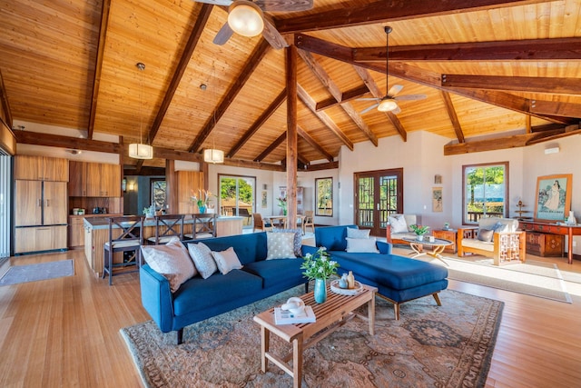 living room featuring light wood-type flooring, ceiling fan, high vaulted ceiling, wooden ceiling, and beamed ceiling