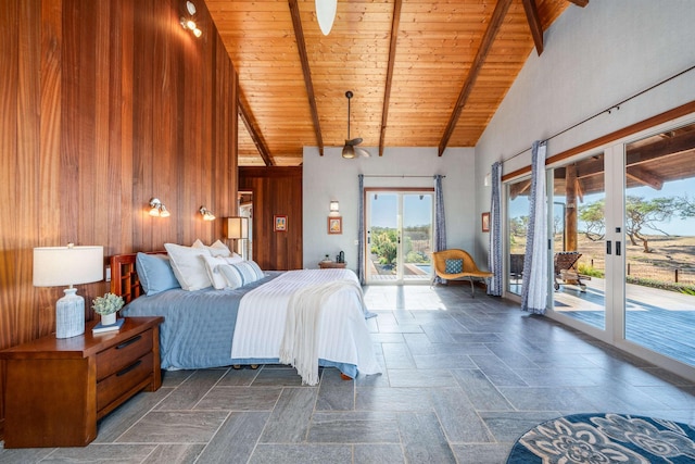 bedroom featuring access to exterior, high vaulted ceiling, wooden ceiling, beamed ceiling, and wood walls