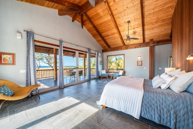 bedroom with beamed ceiling, high vaulted ceiling, wooden ceiling, and access to outside