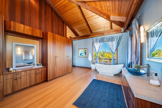 interior space with lofted ceiling with beams, wooden ceiling, and light hardwood / wood-style floors