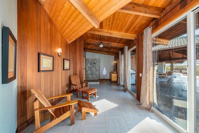 hall featuring lofted ceiling with beams, wood walls, and wood ceiling