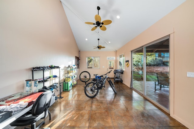 interior space featuring high vaulted ceiling and ceiling fan