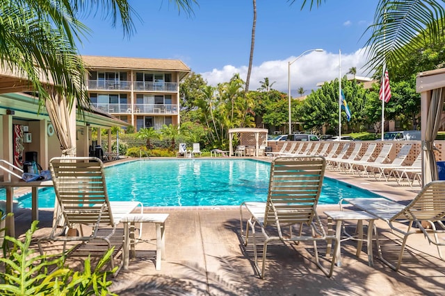 view of swimming pool featuring a patio area