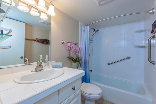 full bath featuring visible vents, toilet, shower / tub combo, and vanity