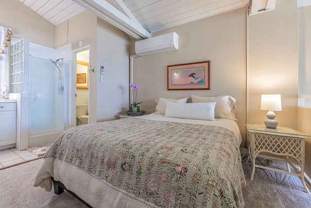 carpeted bedroom with lofted ceiling with beams, wooden ceiling, and a wall mounted AC