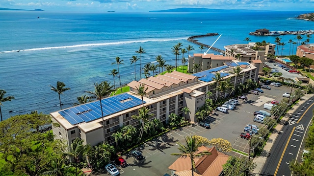 aerial view featuring a water view