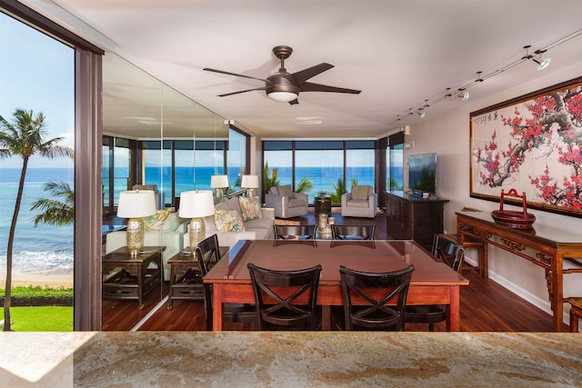 dining area with a ceiling fan, track lighting, a water view, and wood finished floors