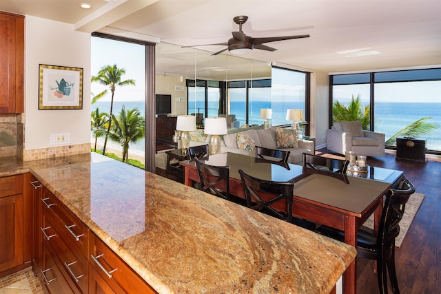 dining space featuring wood finished floors, ceiling fan, and floor to ceiling windows
