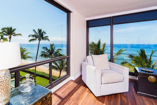 sunroom / solarium featuring wood finished floors, plenty of natural light, and a water view