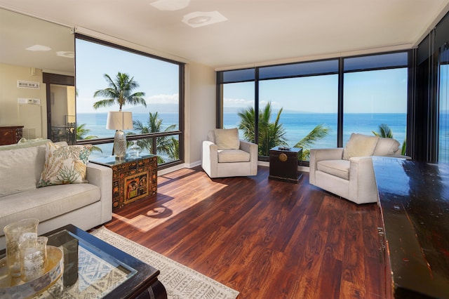 living area featuring a wall of windows, wood finished floors, and a water view