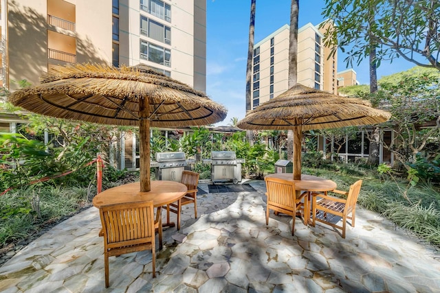 view of patio / terrace featuring outdoor dining area and a grill