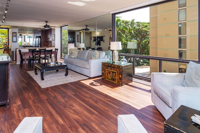 living room featuring a ceiling fan, wood finished floors, and a healthy amount of sunlight