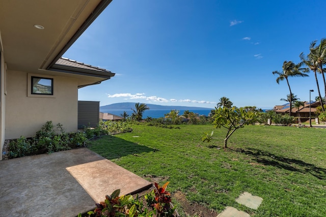 view of yard featuring a mountain view and a patio area