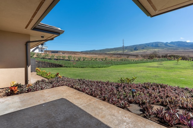 view of patio / terrace with a mountain view and a rural view